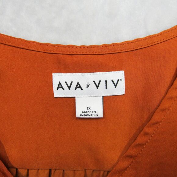 Ava & Viv Satin Blouse Top V-Neck Button Down Long Sleeve Rust Orange 1X - Picture 3 of 9